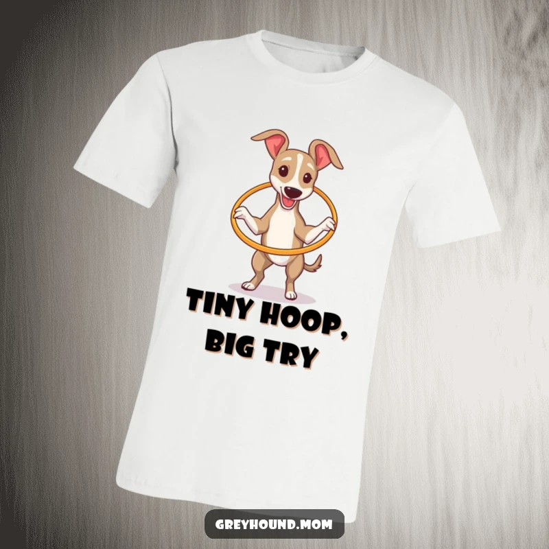 A skinny Greyhound hilariously trying to spin a small hula hoop around its long body on this funny dog t-shirt.