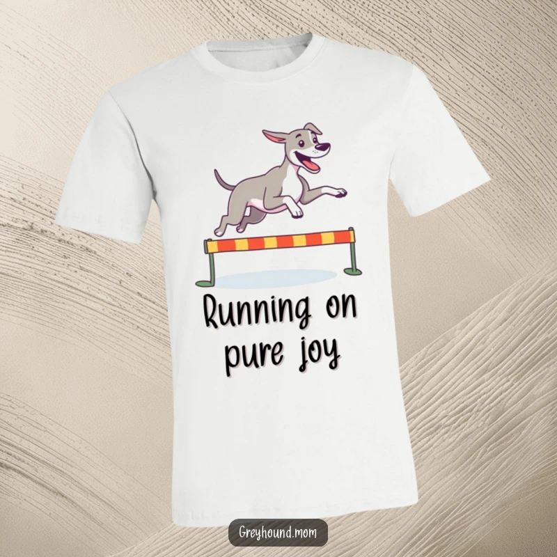 Funny Greyhound t-shirt, a happy dog leaping joyfully over a small hurdle, showcasing incredible speed and agility.