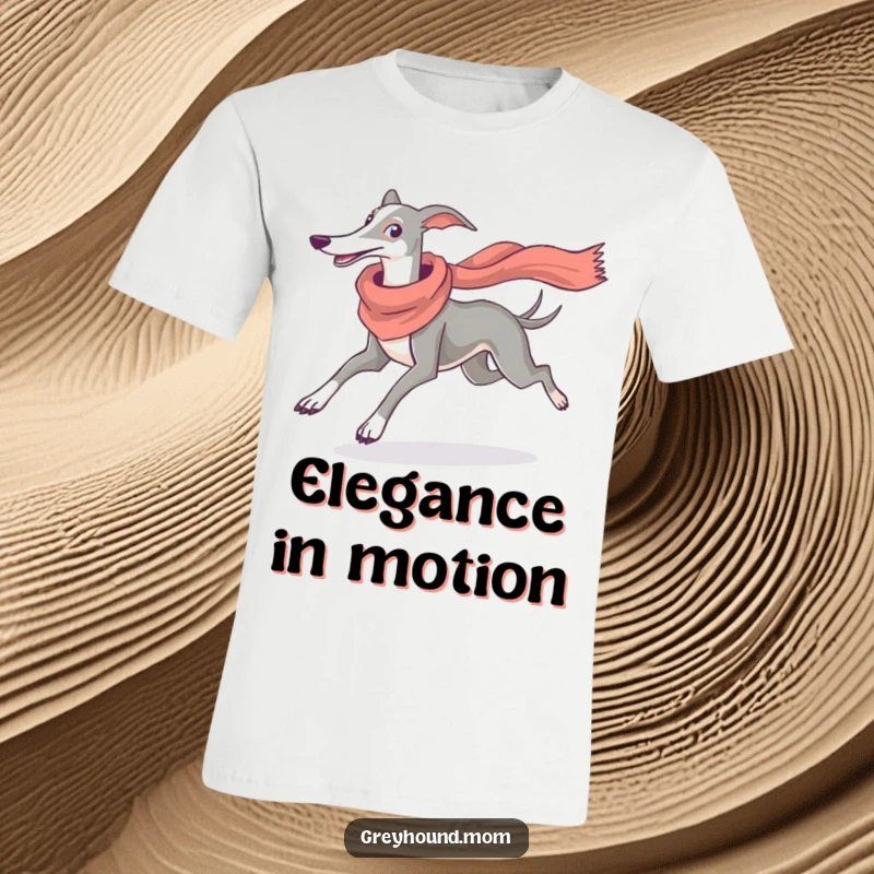 Funny Greyhound Scarf T-Shirt: A happy dog with a stylish scarf running with flair, ideal funny gift.