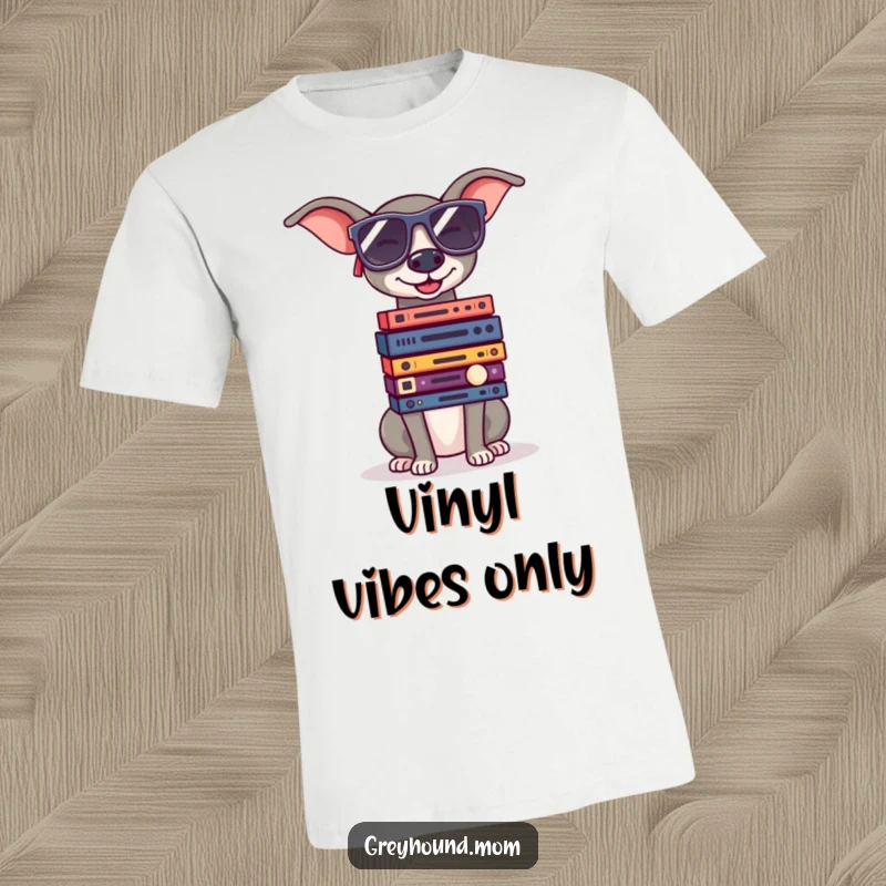 Funny Greyhound in large sunglasses, balancing tiny record albums, a stylish and humorous graphic t-shirt.