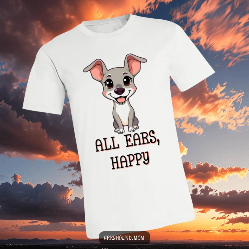 Funny Happy Greyhound T-Shirt: A cheerful dog with alert ears, a great funny gift for dog lovers.