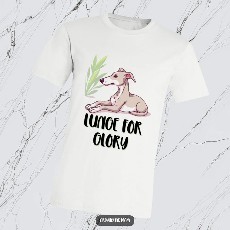 Funny Greyhound t-shirt, relaxed dog stretching in sun, graceful canine pose, humorous gift for dog admirers.