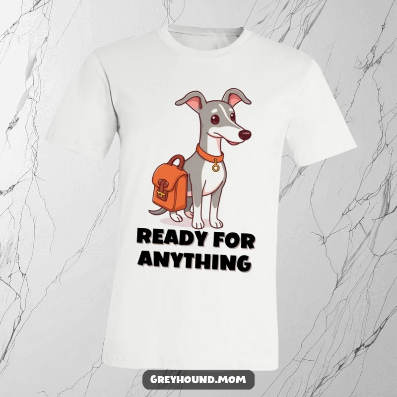 Funny Greyhound outing t-shirt, a dog with a satchel, eager for adventure.