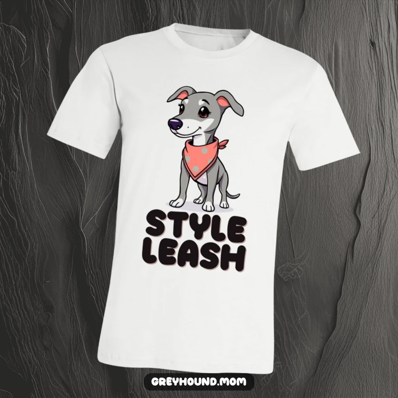 Funny Greyhound t-shirt, dog with a proud stance wearing a small, fashionable bandana, confident and cool.