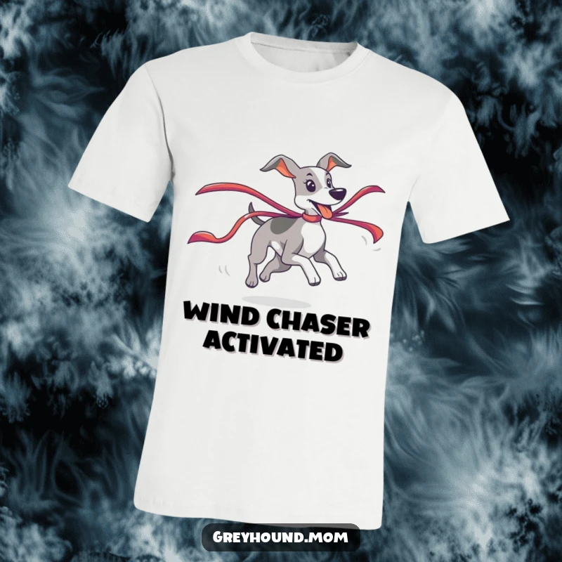 Funny Greyhound T-Shirt illustrating a playful chase after a colorful ribbon, a humorous gift.