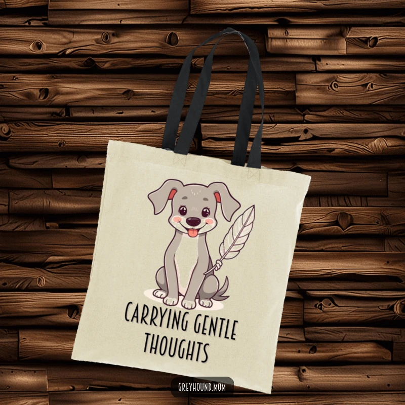 Funny Greyhound tote bag, practical shopper with a smiling dog holding a single feather, light and charming.
