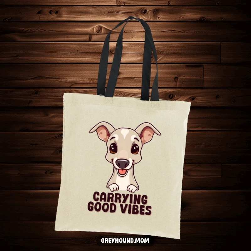 Funny Greyhound tote bag featuring a cheerful dog giving an elegant head nudge, perfect for carrying essentials with canine grace.