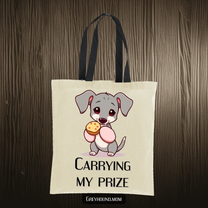 Funny Greyhound tote bag, dog wearing oven mitts and holding a treat, perfect for snack lovers and dog enthusiasts. Excellent funny gift accessory.
