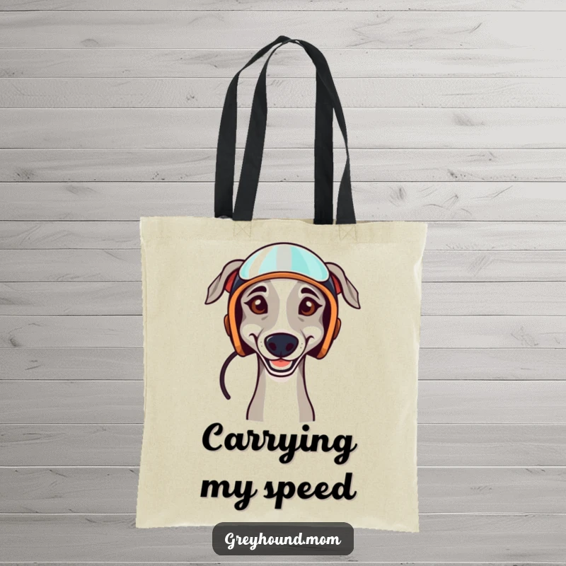 Funny tote bag with a determined Greyhound wearing a racing helmet, perfect for carrying items with a racing theme.