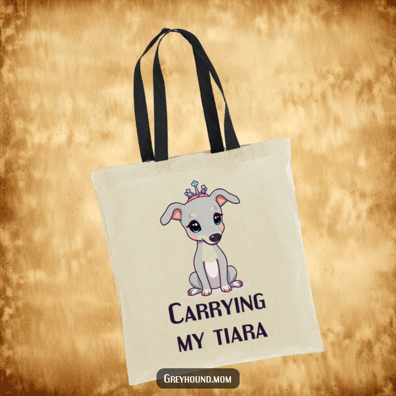 Funny Greyhound tote bag, the dog wears a tiny tiara, posing with poise and elegance. Excellent funny gift accessory.