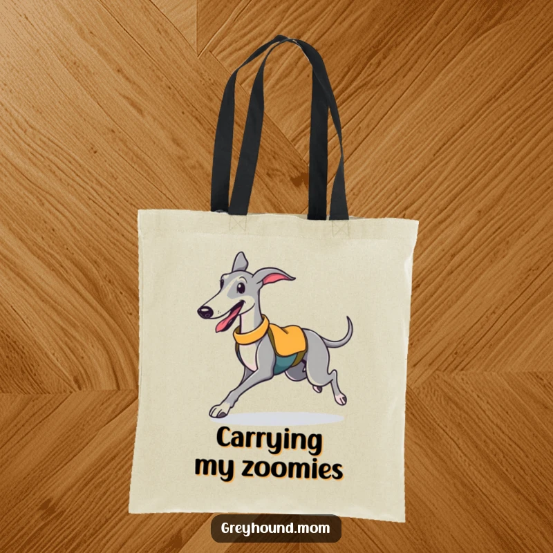 Funny tote bag featuring a happy Greyhound wearing a sporty vest and trotting with boundless joy.