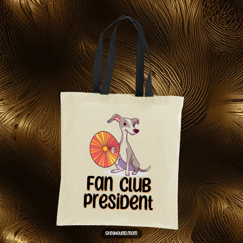 A graceful Greyhound using a colorful fan to cool itself, featured on a durable and chic tote bag.