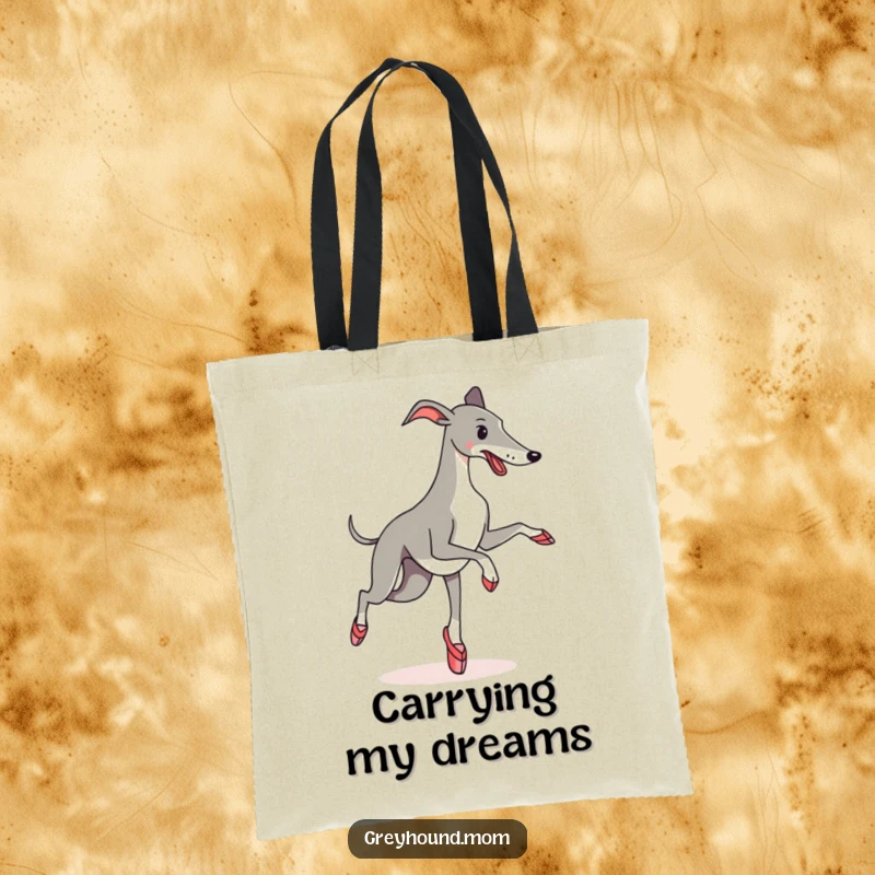 Funny Tote Bag: A Greyhound sporting ballet slippers tries a pirouette, ready to carry your items with a comical flourish.