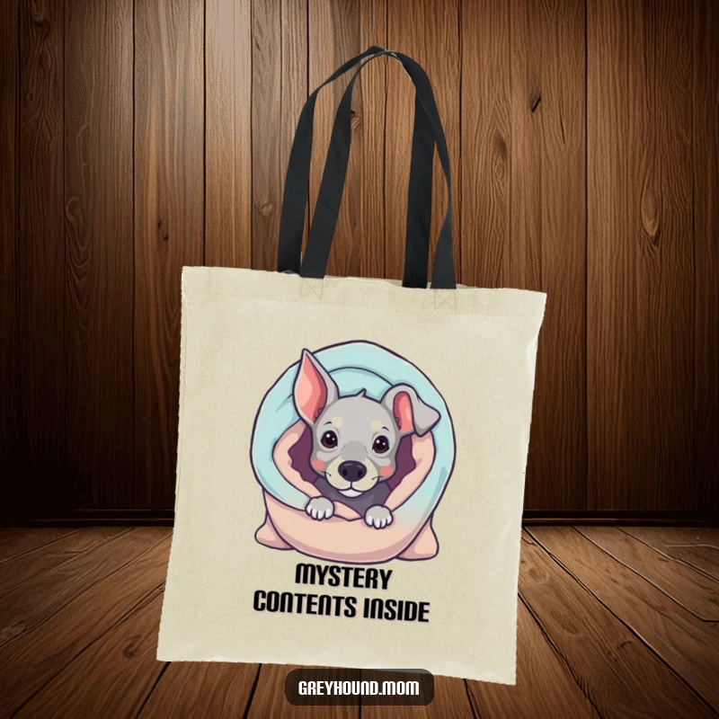Funny Greyhound tote bag, curious dog peeking from a blanket, cute and practical accessory, great humorous gift for dog moms.