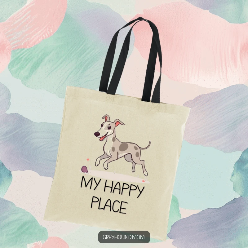 Funny tote bag featuring a Greyhound happily prancing and enjoying its surroundings with pure delight.
