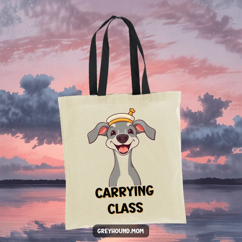 Funny Greyhound wearing a tiny opera hat, joyful grin, humorous and stylish tote bag.