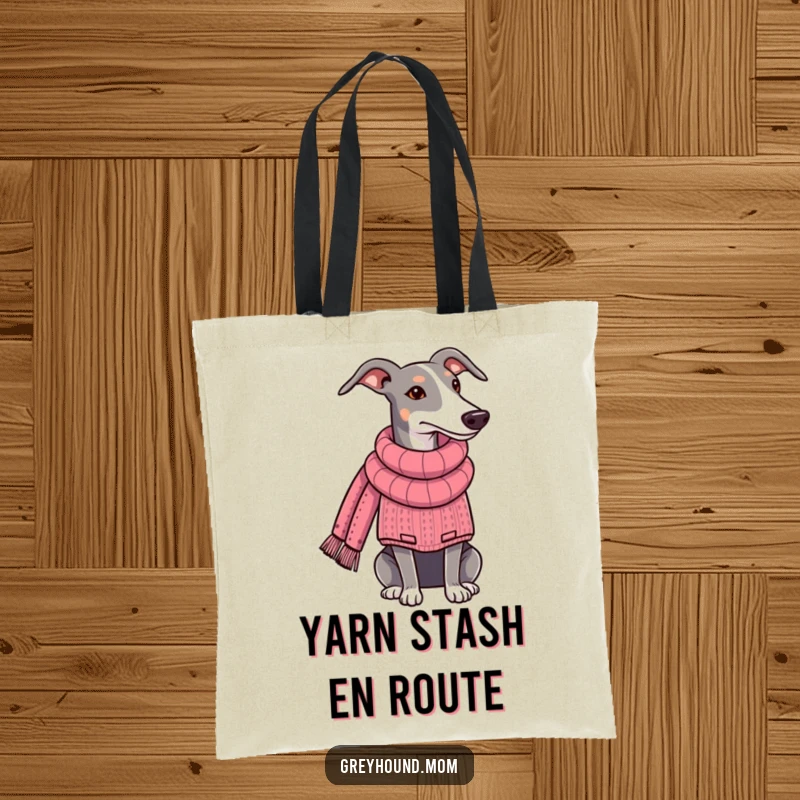 Funny Greyhound tote bag, the dog wears a sweater and knits a scarf, perfect for crafters and dog enthusiasts. Excellent funny gift accessory.