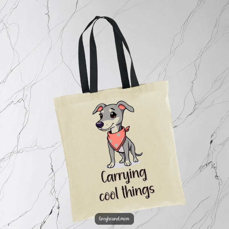 Funny Greyhound tote bag, durable shopper with a proud dog wearing a stylish bandana, practical and cool.