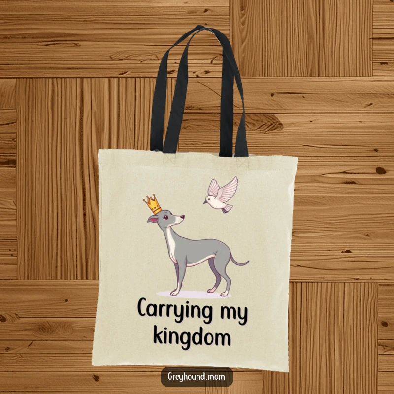 Funny Greyhound tote bag, stylish shopper with a dog wearing a crown, focused on a bird, regal journey.