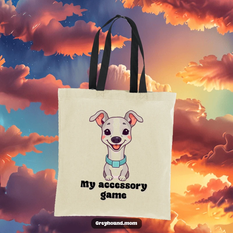 Funny Greyhound smiling tote bag, a dog with an elegant collar, happy design.