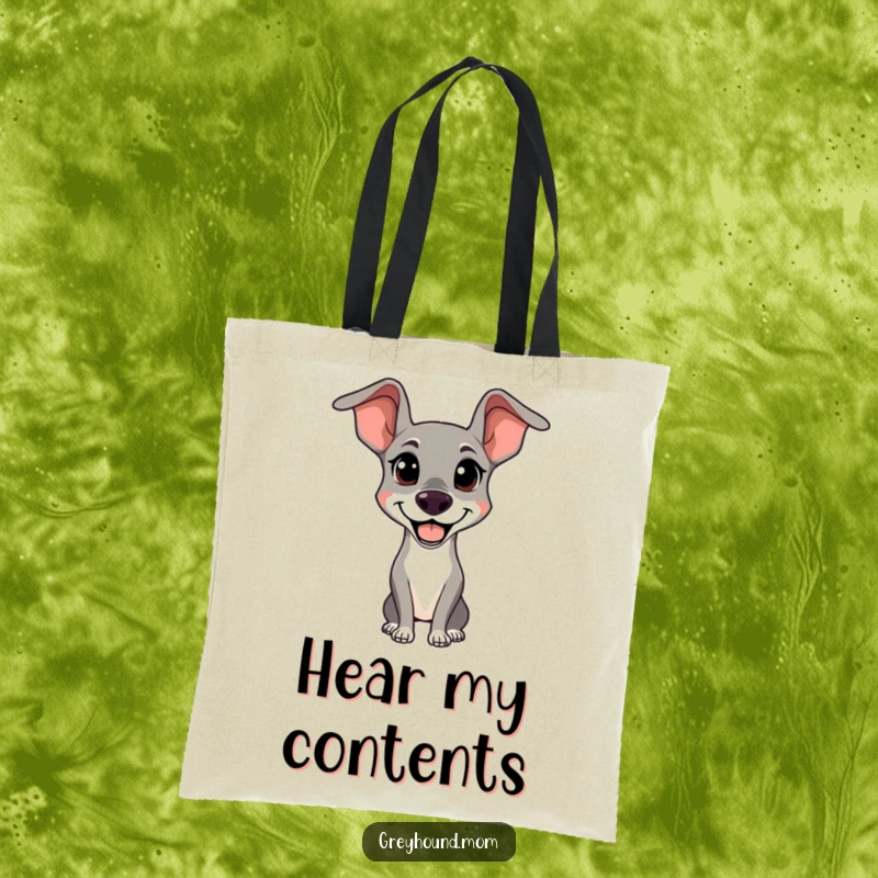 Funny Happy Greyhound Tote Bag: A stylish bag with a happy, alert dog, perfect funny gift for shoppers.