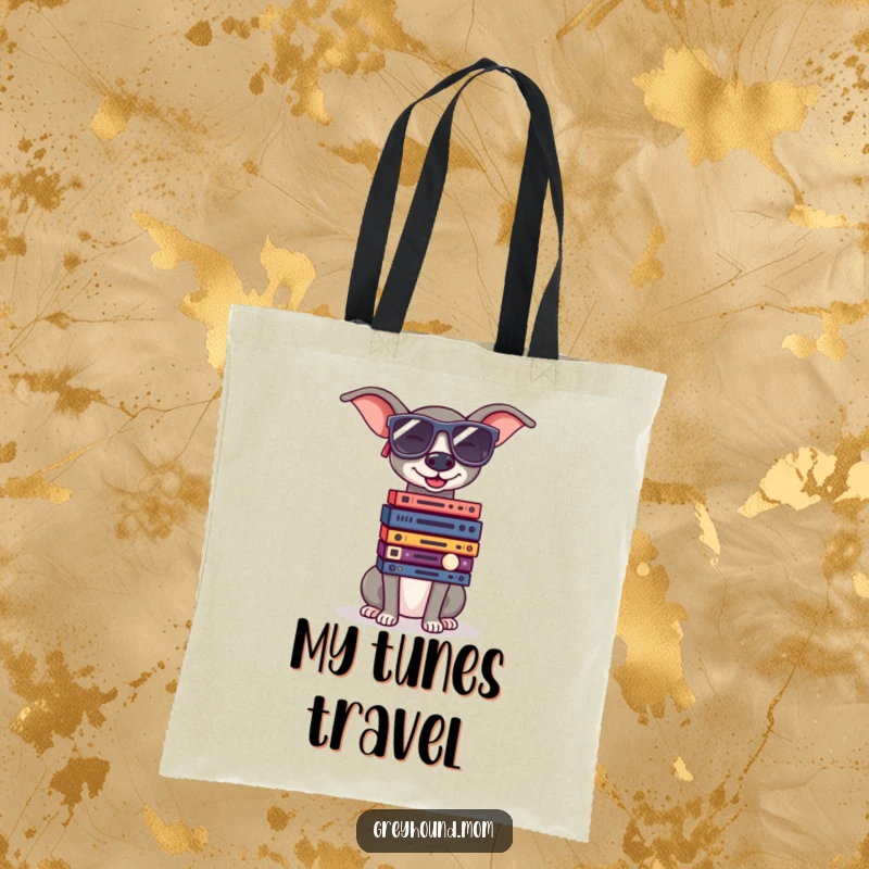 Funny Greyhound with big sunglasses, balancing tiny records, a humorous and stylish tote bag.